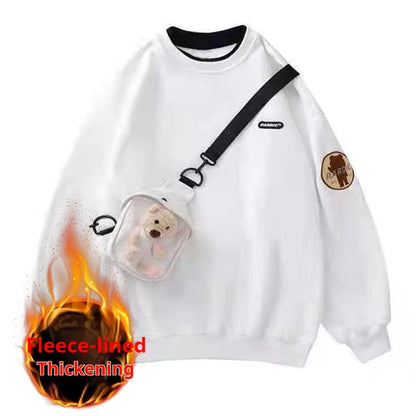 Harajuku Winter Warm Sweatshirt Pants 1 or 2 Piece Set Women Korean Cute Bear Hoodies and Trousers Suit Men Kawaii Clothes