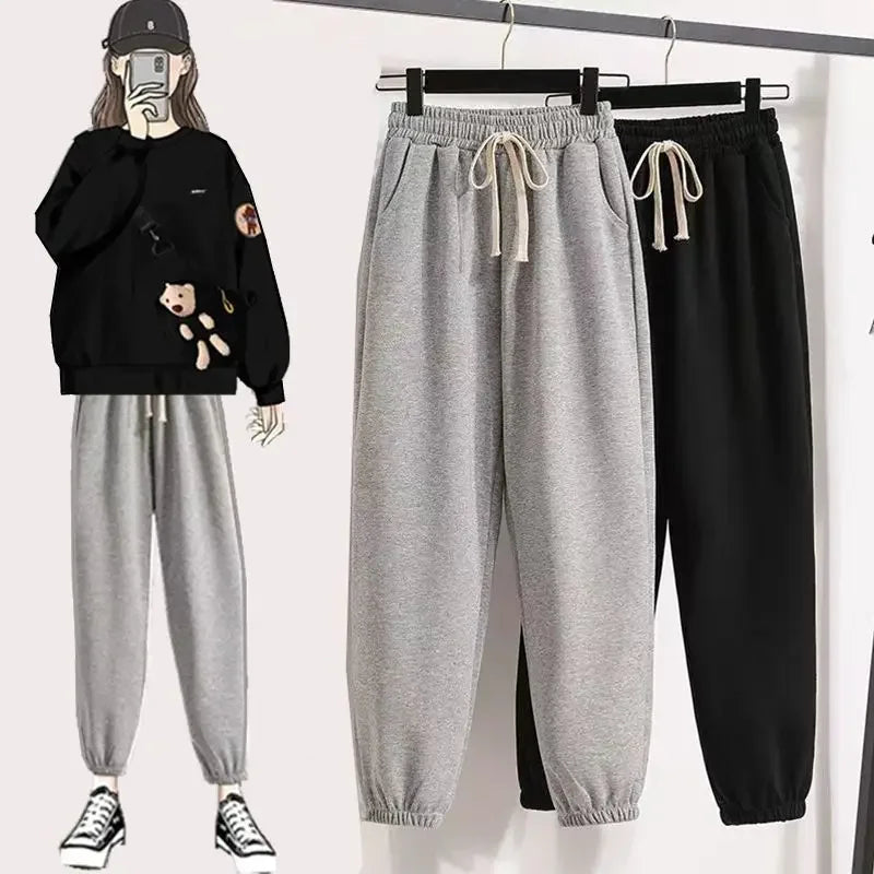 Harajuku Winter Warm Sweatshirt Pants 1 or 2 Piece Set Women Korean Cute Bear Hoodies and Trousers Suit Men Kawaii Clothes