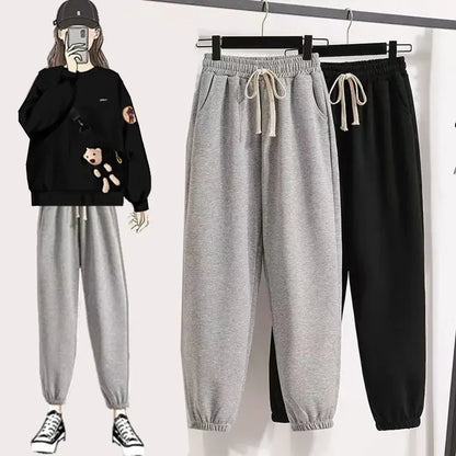 Harajuku Winter Warm Sweatshirt Pants 1 or 2 Piece Set Women Korean Cute Bear Hoodies and Trousers Suit Men Kawaii Clothes