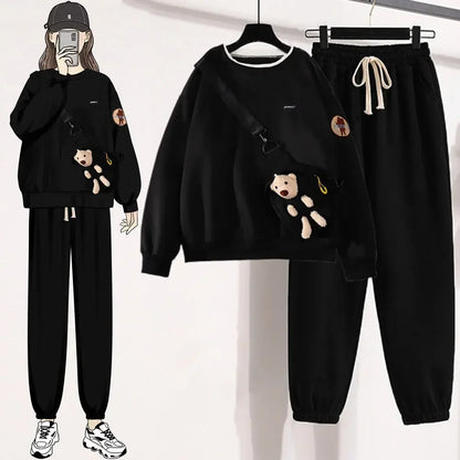 Harajuku Winter Warm Sweatshirt Pants 1 or 2 Piece Set Women Korean Cute Bear Hoodies and Trousers Suit Men Kawaii Clothes
