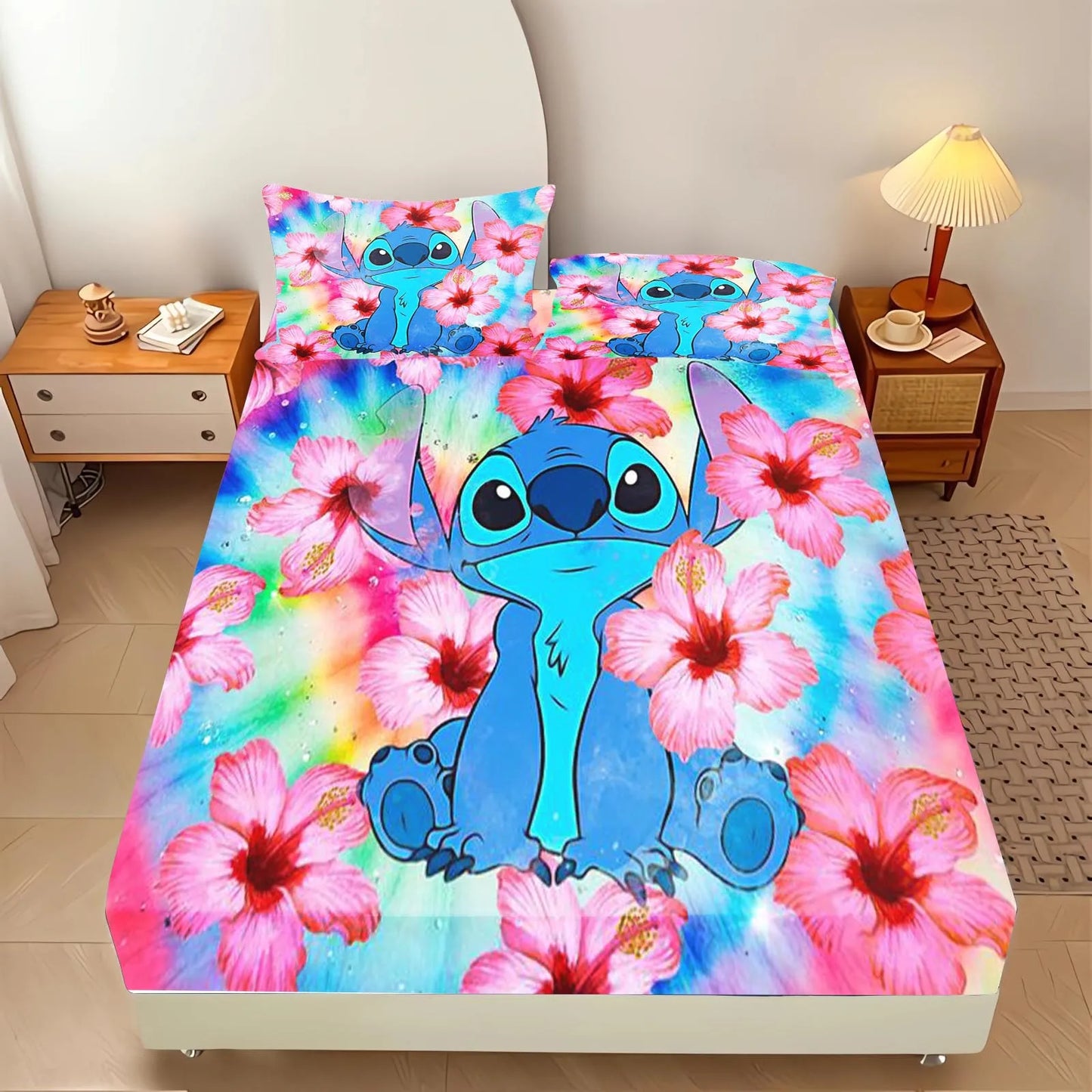 Stitch  Fitted Sheet Suitable For Children And Adults Home Decor Bedding Set Bed Cover Full 2/3-Piece Set Cute