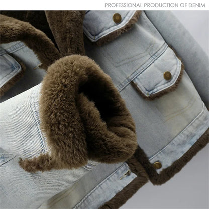 Winter Thick Faux Mink Cashmere Denim Jacket Women Cowboy Outerwear Vintage Loose Big Pocket Stand Collar Jeans Jacket Female