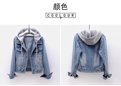 Women's Korean Fashion Long Sleeve Jean Jacket Slim Hooded Short Denim Jacket Woman Coat