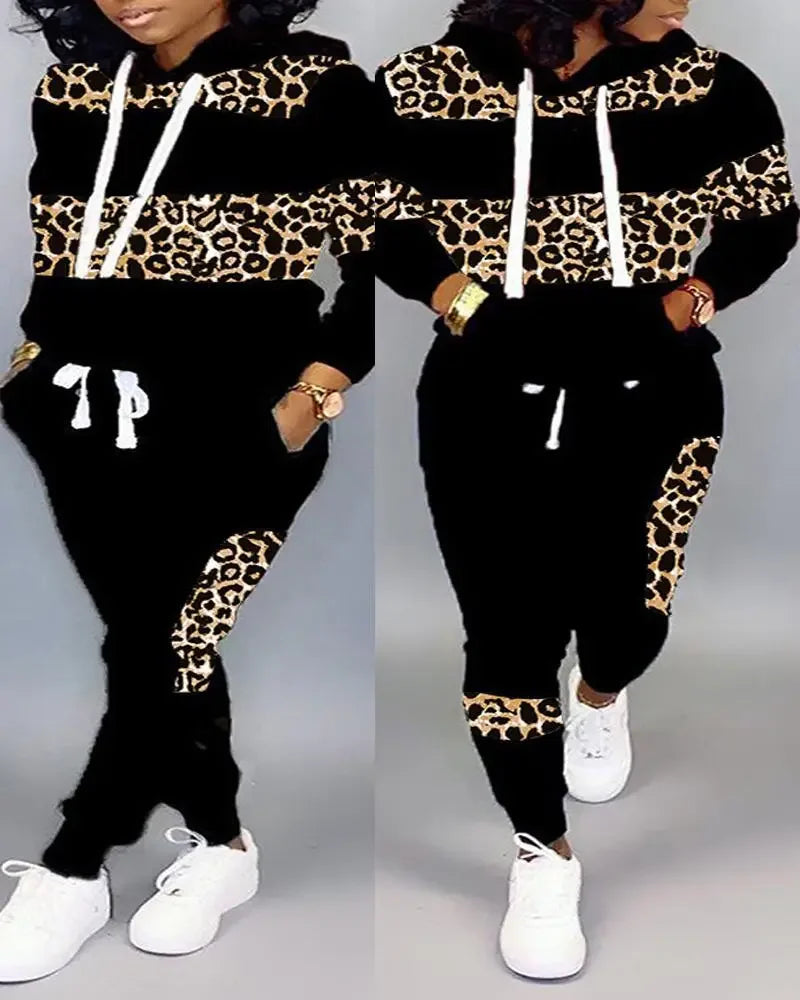 Long-sleeved Leopard Print & Trousers Hooded Sweatshirt Hoodie High Waist Pants 2pcs Women's Clothing