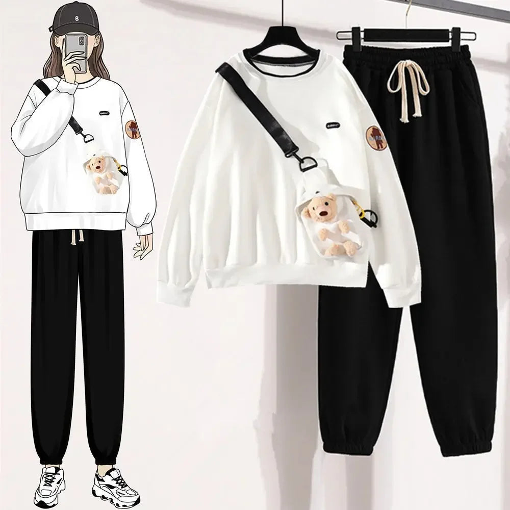Harajuku Winter Warm Sweatshirt Pants 1 or 2 Piece Set Women Korean Cute Bear Hoodies and Trousers Suit Men Kawaii Clothes