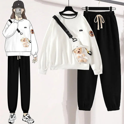 Harajuku Winter Warm Sweatshirt Pants 1 or 2 Piece Set Women Korean Cute Bear Hoodies and Trousers Suit Men Kawaii Clothes