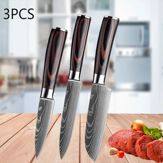 3PCS Kitchen Knife Set Laser Damascus Santoku Knife Utility Knife Professional Chef Knife Meat Cleaver Kitchen Accessories