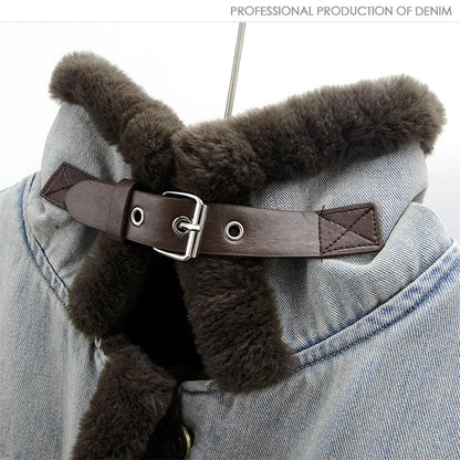 Winter Thick Faux Mink Cashmere Denim Jacket Women Cowboy Outerwear Vintage Loose Big Pocket Stand Collar Jeans Jacket Female